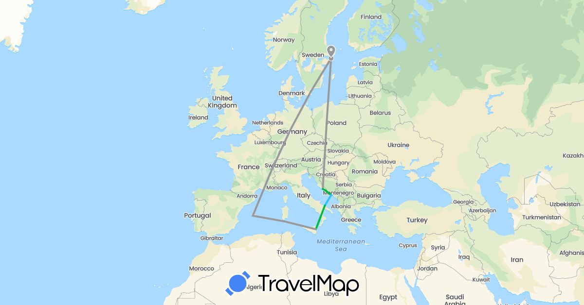 TravelMap itinerary: driving, bus, plane, boat in Spain, Croatia, Italy, Sweden (Europe)